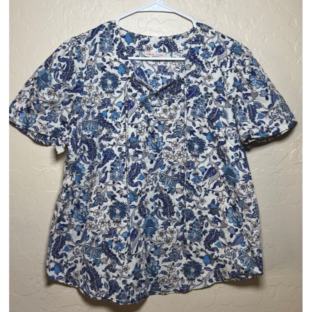 Knox Rose Womens M Blue Floral Print Lace Up Peasant Blouse Short Sleeve